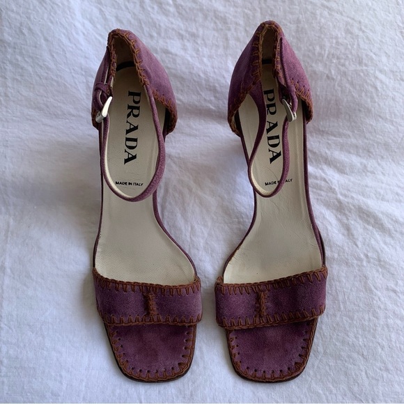 Vintage Prada Suede Stitch Square Toe Sandal Block Heels Purple - Picture 2 of 7